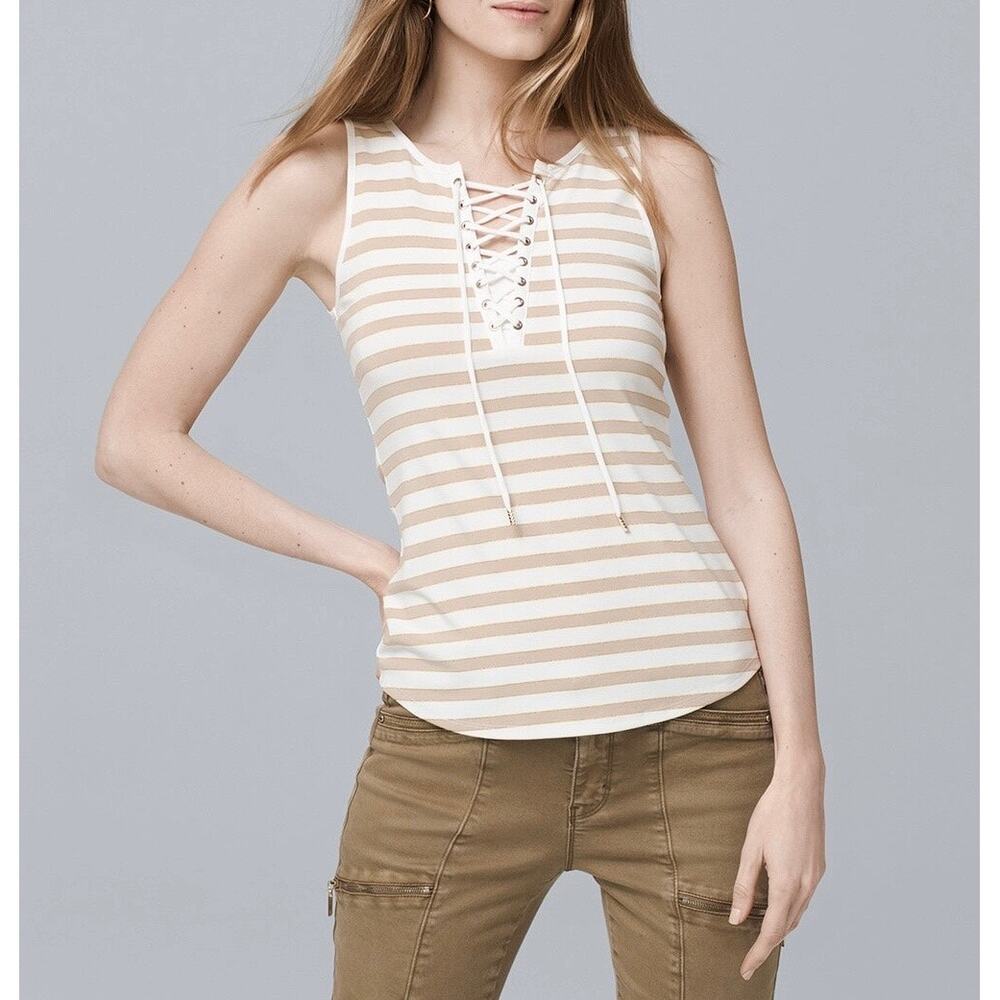 EUC White House Black Market Women’s Beige Stripe Fitted Lace Up Tank. Size M